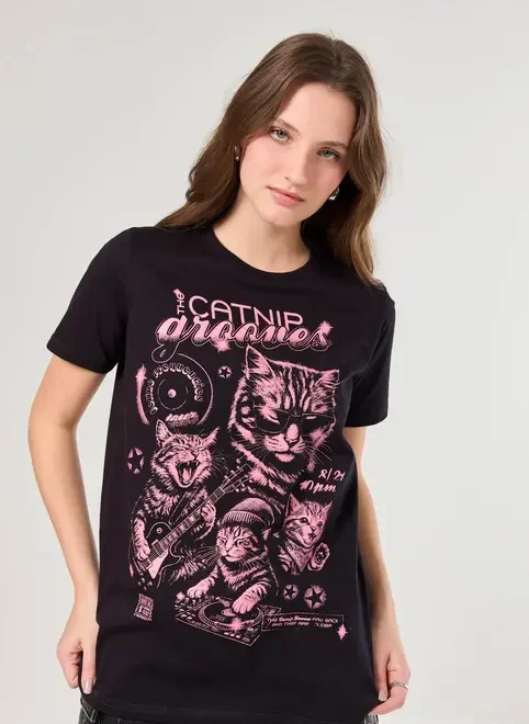 Camiseta Oversized Preta Banda Gatos