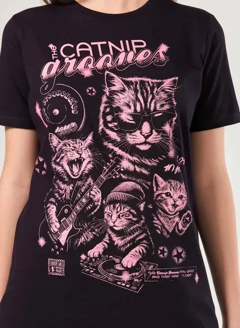 Camiseta Oversized Preta Banda Gatos