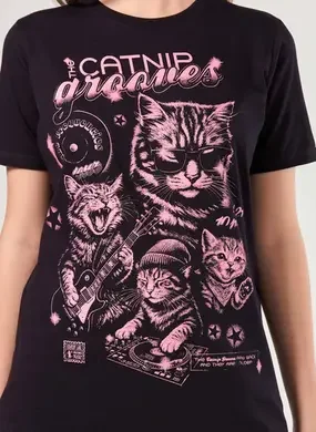Camiseta Oversized Preta Banda Gatos