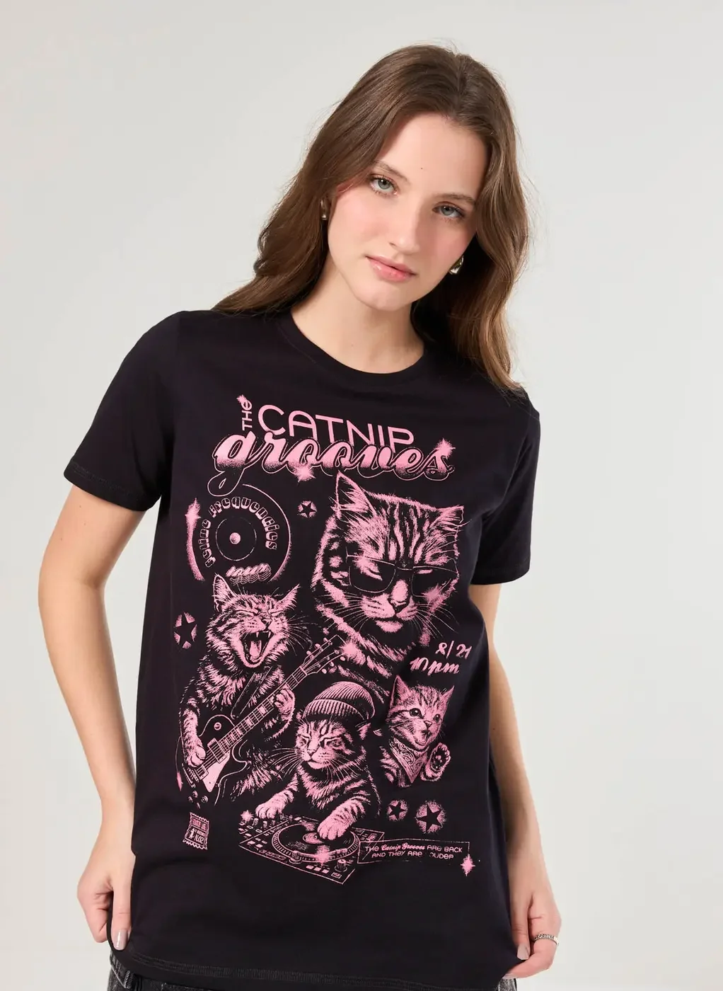 Camiseta Oversized Preta Banda Gatos