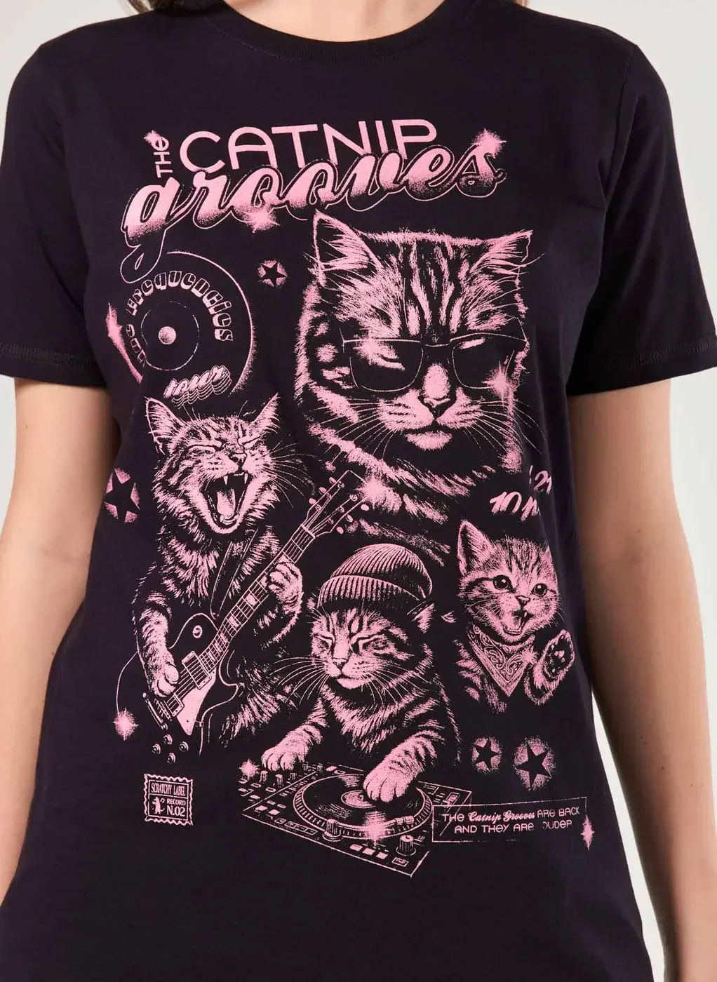 Camiseta Oversized Preta Banda Gatos