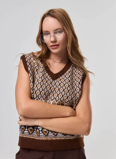 Colete Tricô Marrom Estampado