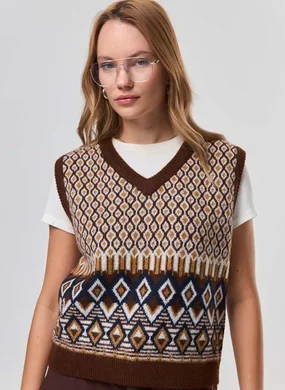 Colete Tricô Marrom Estampado