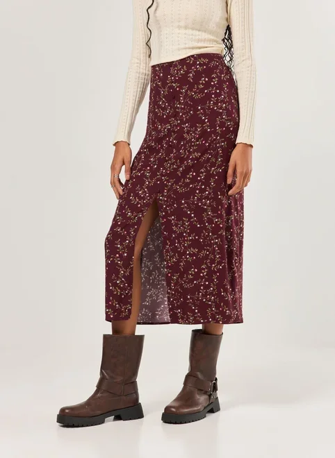 Saia Midi Estampada Bordô