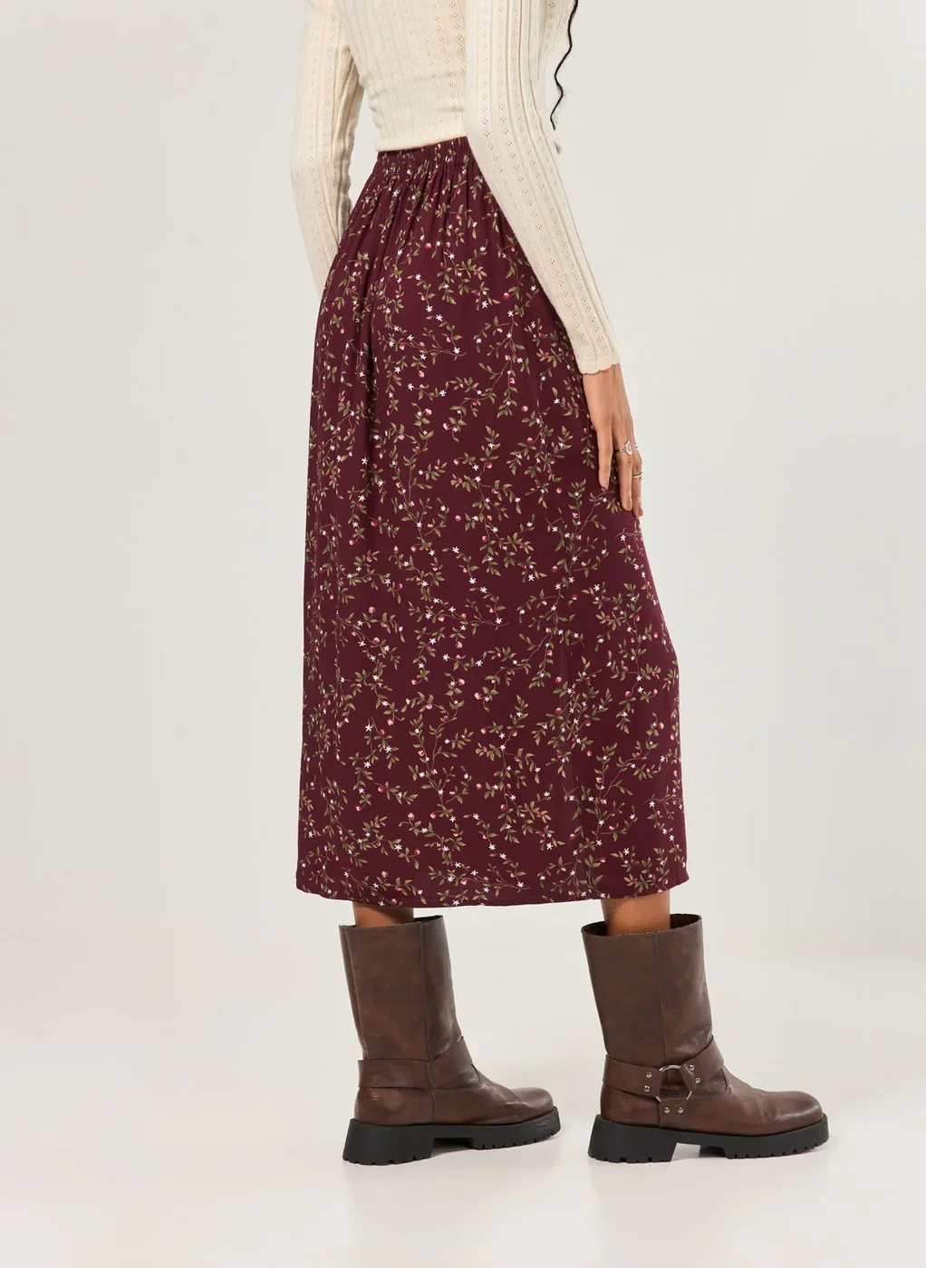 Saia Midi Estampada Bordô
