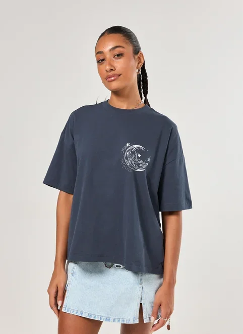 Camiseta Box Marinho Gatinho E Lua