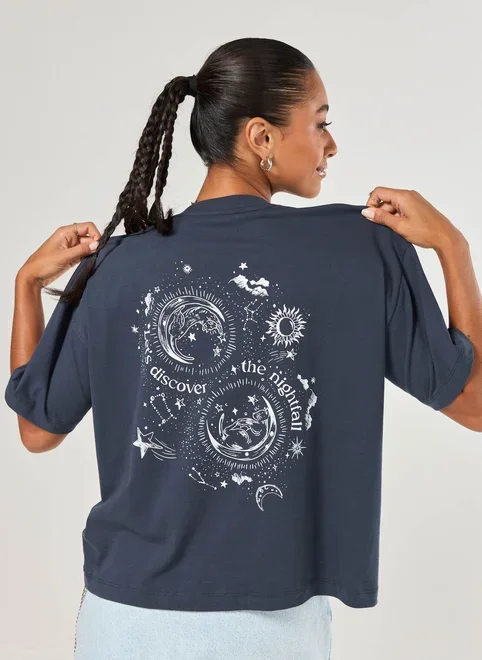 Camiseta Box Marinho Gatinho E Lua