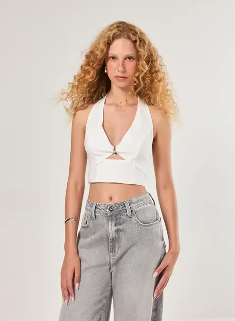 Blusa Off-White Recortes E Aviamento