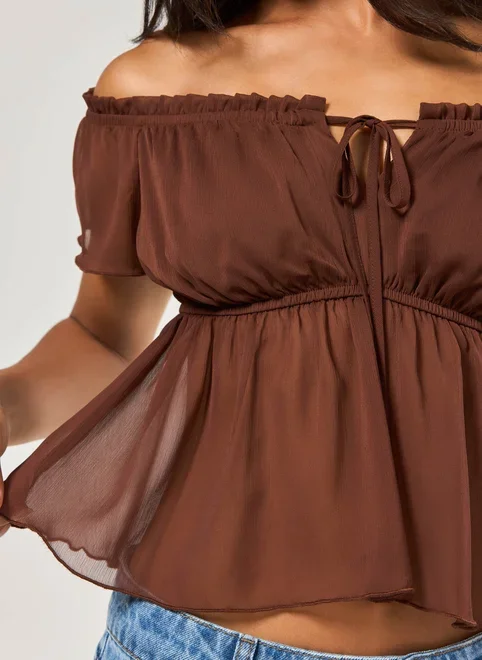 Blusa Ombro A Ombro Chiffon Marrom