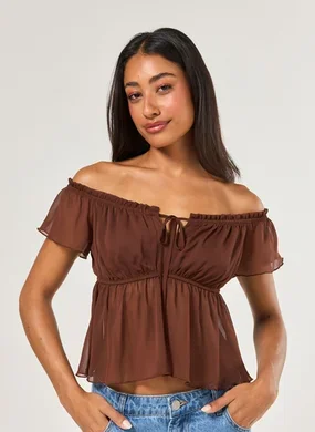 Blusa Ombro A Ombro Chiffon Marrom