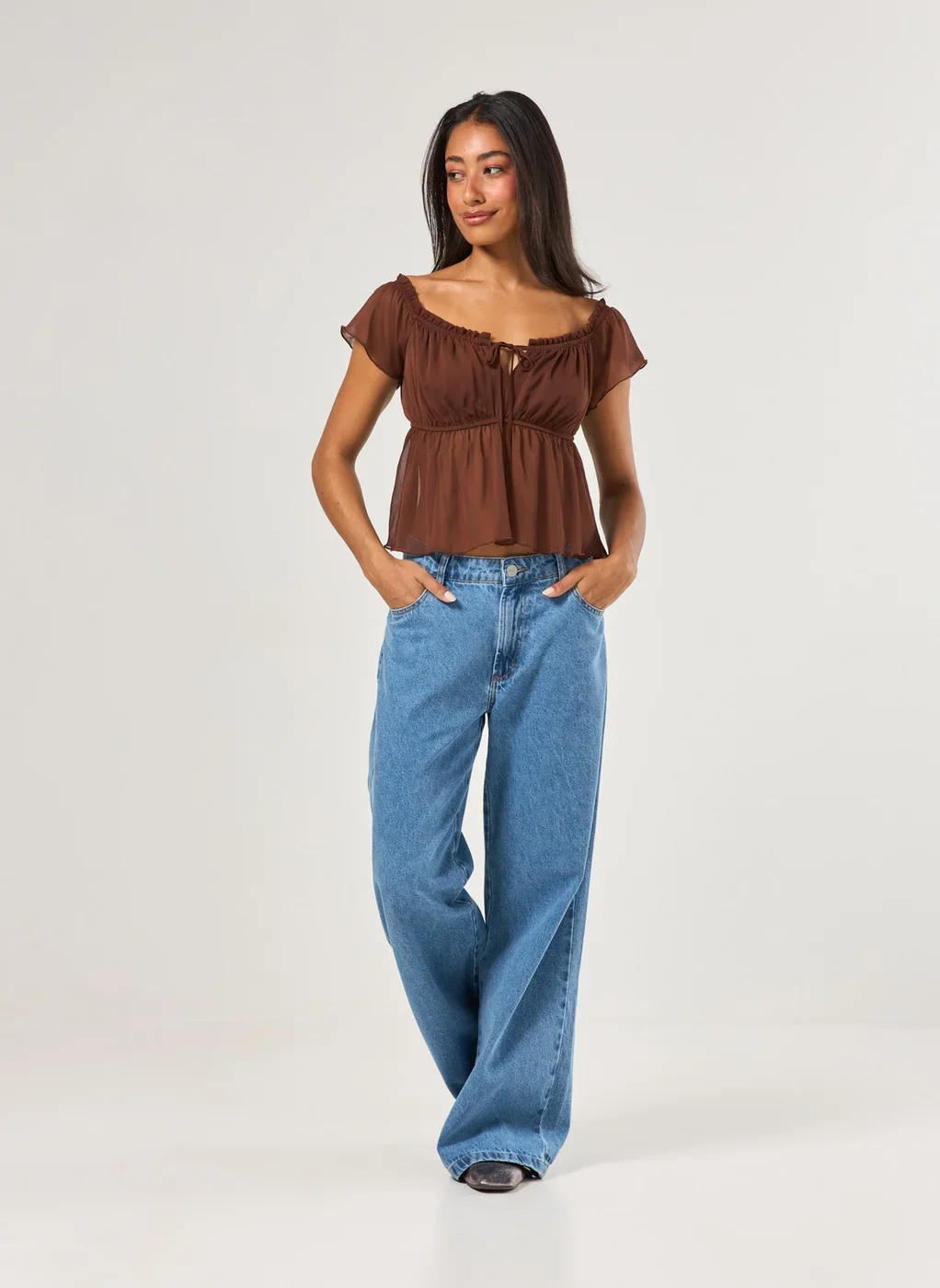 Blusa Ombro A Ombro Chiffon Marrom