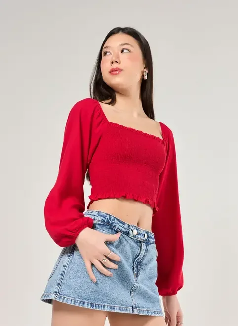 Blusa Manga Longa Lastex Vermelha