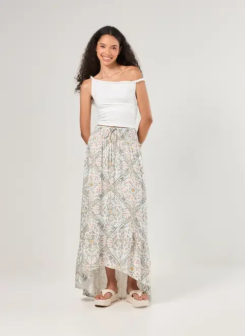 Saia Midi Off-White Estampa Mística