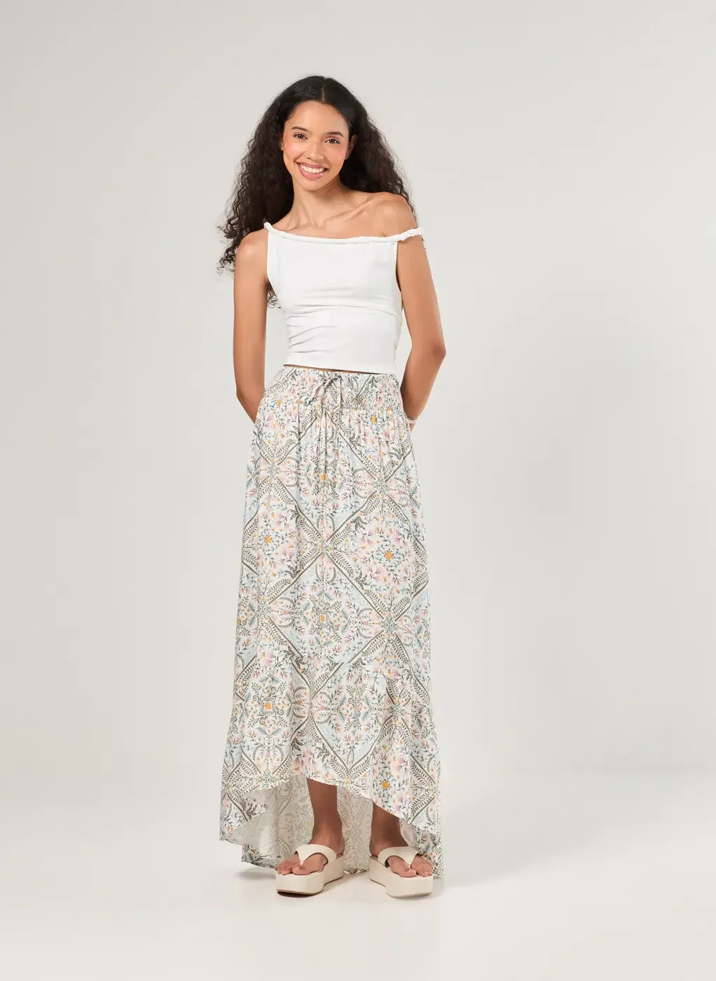 Saia Midi Off-White Estampa Mística