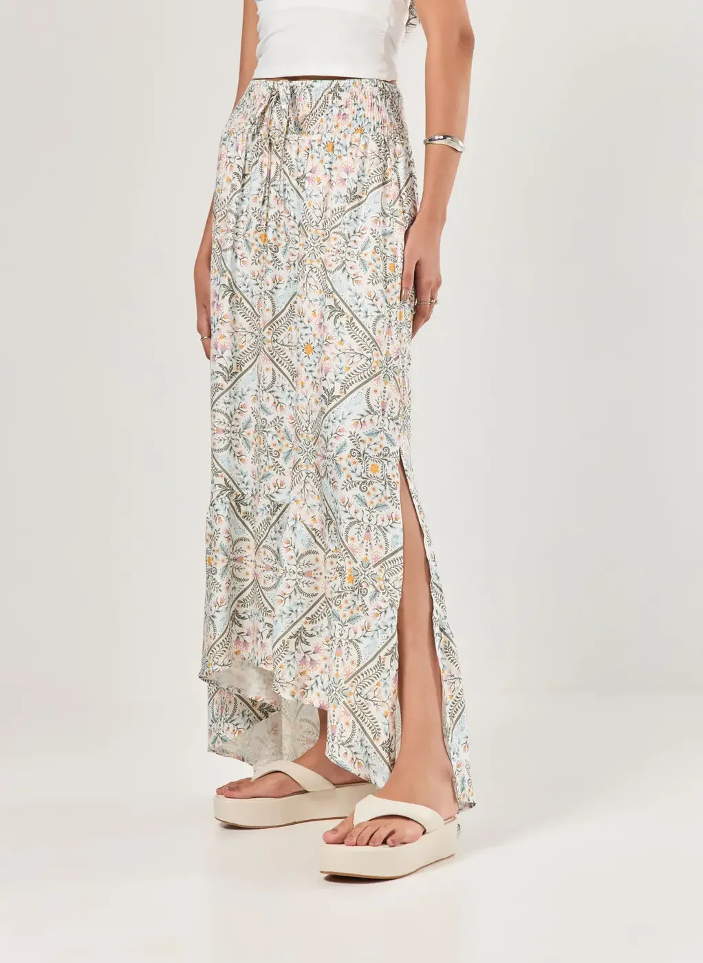 Saia Midi Off-White Estampa Mística