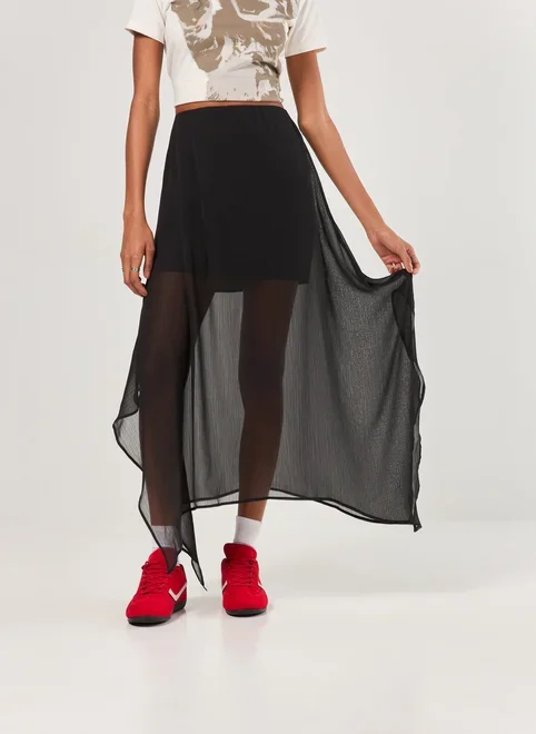 Saia Midi Preta Chiffon Pontas