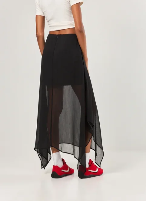 Saia Midi Preta Chiffon Pontas