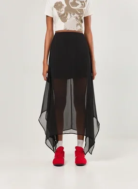 Saia Midi Preta Chiffon Pontas