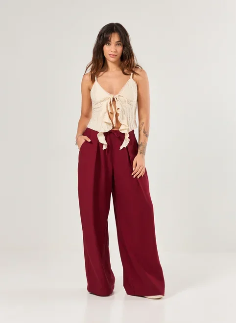 Calça Vinho Amarração E Pregas