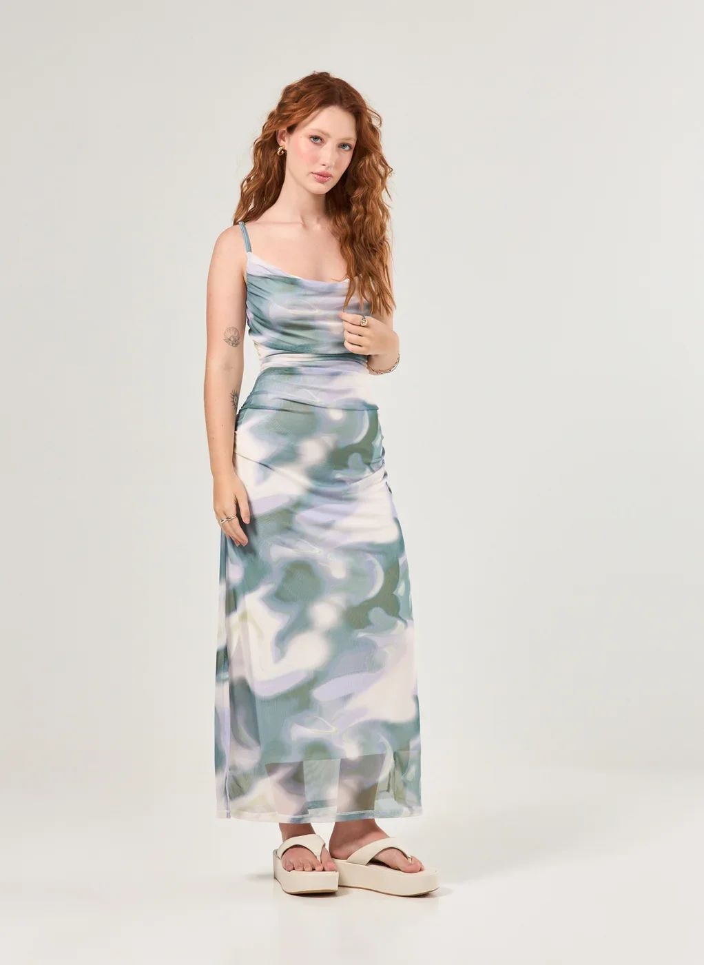 Vestido Midi Alongado Tule Manchado