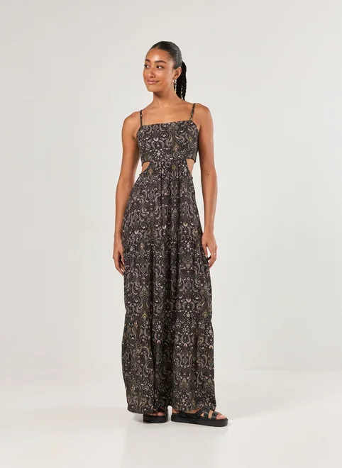 Vestido Longo Preto Estampa Paisley