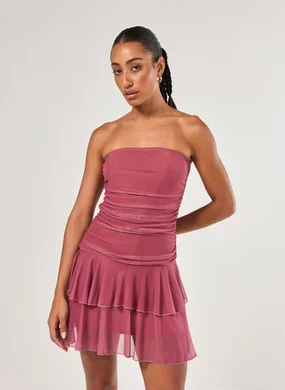 Vestido Tule Franzido Sem Alça