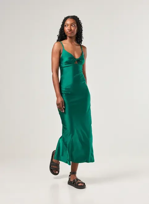 Vestido Midi Poliamida Verde Cintilante Recorte