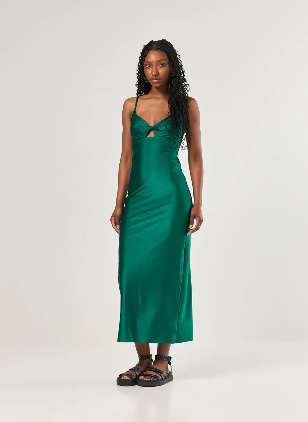 Vestido Midi Poliamida Verde Cintilante Recorte