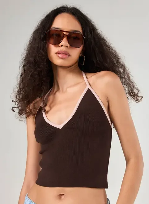 Blusa Frente Única Em Tricô Marrom