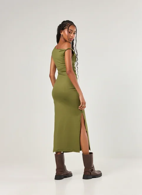 Vestido Midi Poliamida Decote Assimétrico