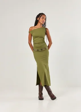 Vestido Midi Poliamida Decote Assimétrico