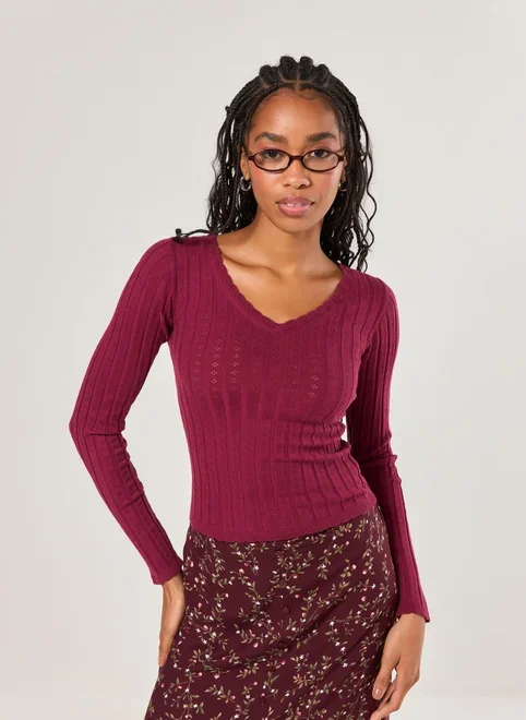 Blusa Manga Longa Retilínea Decote V