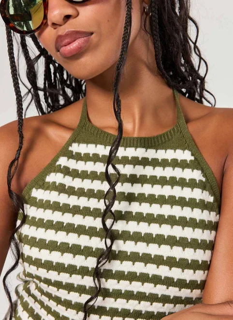 Cropped Frente Única Tricô Verde E Off