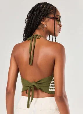 Cropped Frente Única Tricô Verde E Off