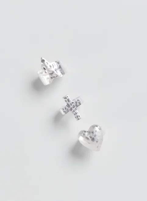 Conjunto 3 Anéis Prateados Coração Cruz