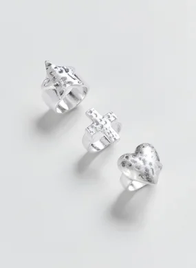 Conjunto 3 Anéis Prateados Coração Cruz