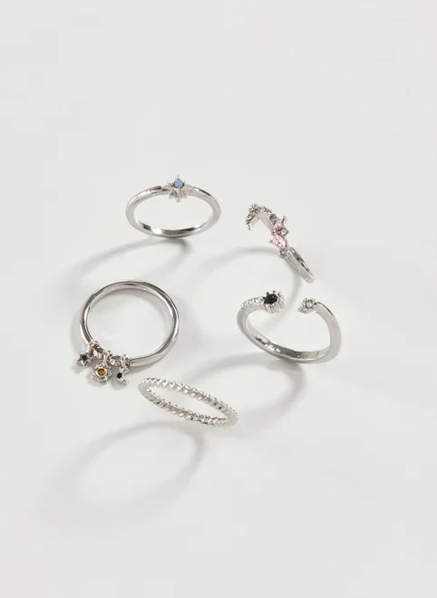 Conjunto 5 Anéis Prateados Pedras Coloridas