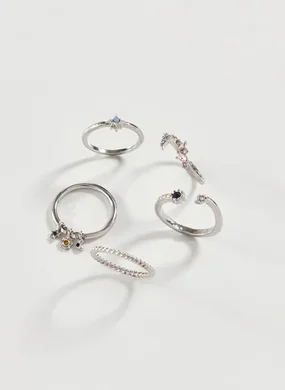 Conjunto 5 Anéis Prateados Pedras Coloridas