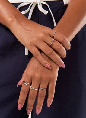 Conjunto 5 Anéis Prateados Pedras Coloridas