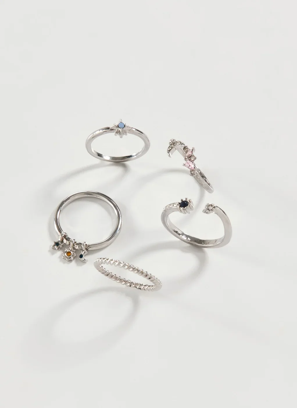 Conjunto 5 Anéis Prateados Pedras Coloridas