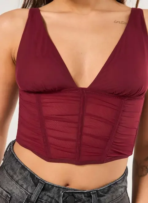 Cropped Tule Corsetado Bordô