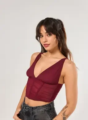 Cropped Tule Corsetado Bordô