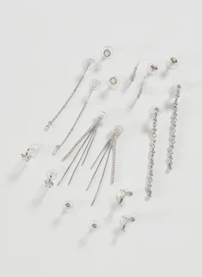 Conjunto 9 Brincos Prateados Glam