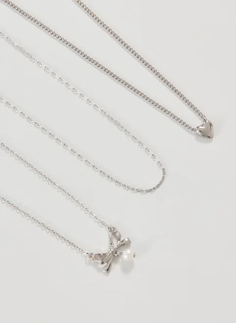 Conjunto 3 Colares Prateados Laço Pérola