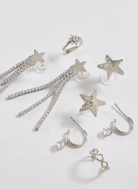 Conjunto 5 Brincos E Piercings Fakes Prateados