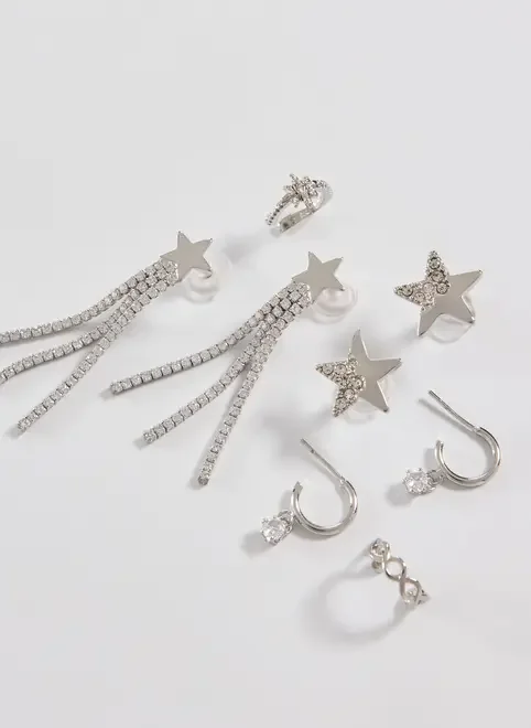 Conjunto 5 Brincos E Piercings Fakes Prateados