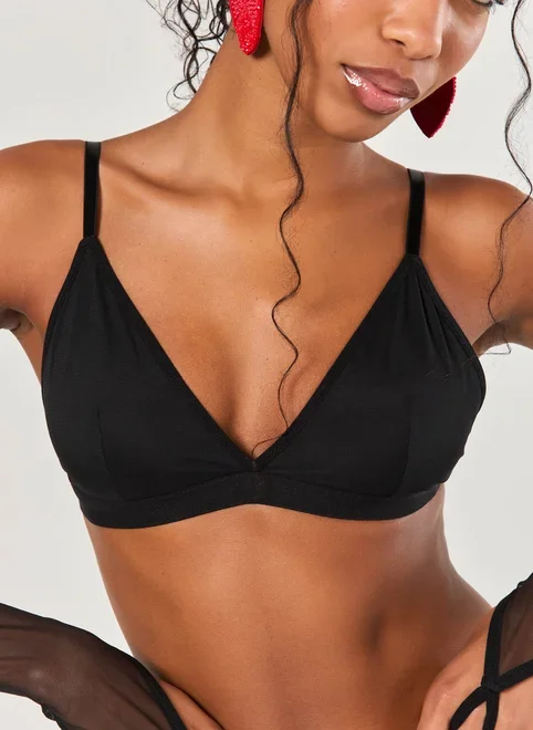 Top Poliamida Preto Com Mangas De Tule