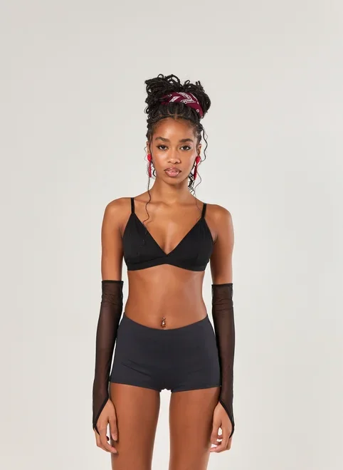 Top Poliamida Preto Com Mangas De Tule