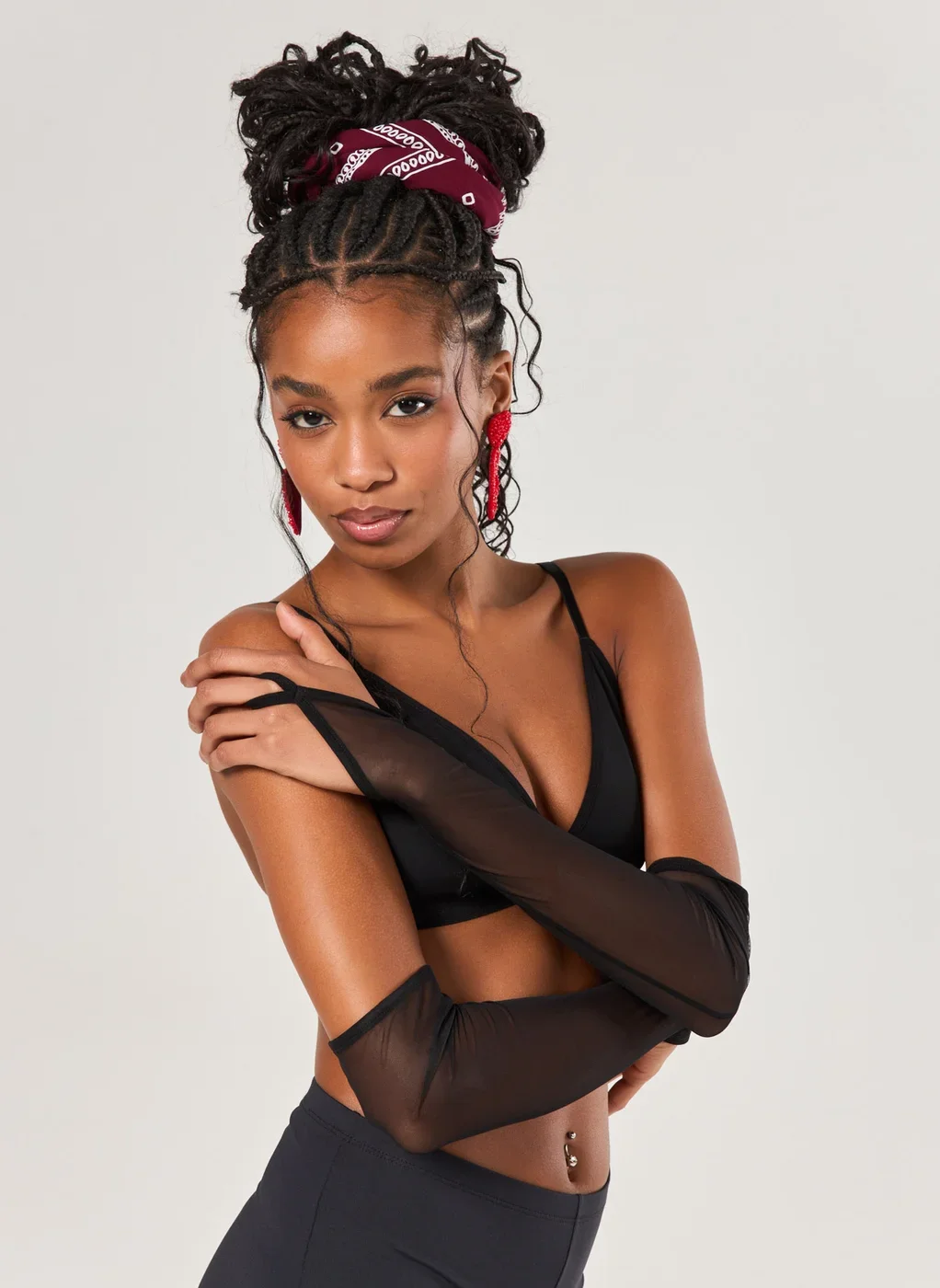 Top Poliamida Preto Com Mangas De Tule