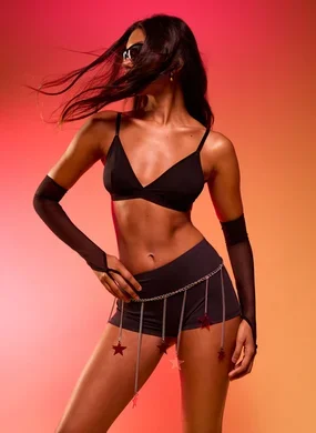 Top Poliamida Preto Com Mangas De Tule